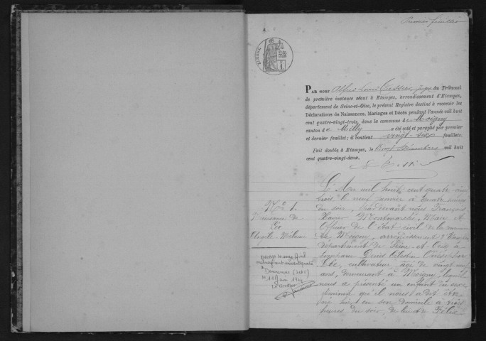 MOIGNY-SUR-ECOLE. Naissances, mariages, décès : registre d'état civil (1883-1890). 