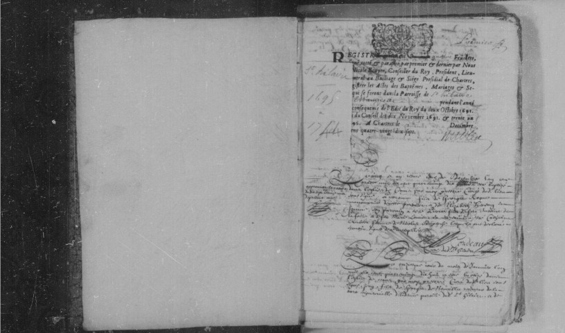 SAINT-HILAIRE. Paroisse Saint-Hilaire : Baptêmes, mariages, sépultures : registre paroissial (1696-1744). [Lacunes : B.M.S. (1705). Relié en désordre (1696-1698)]. 