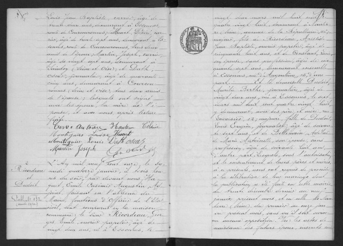 ESSONNES.- Mariages : registre d'état civil. 