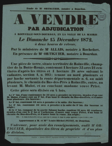 ROINVILLE-SOUS-DOURDAN.- Vente par adjudication de terres labourables, appartenant à M. et Mme Louis-Michel PETIT, 15 décembre 1872. 