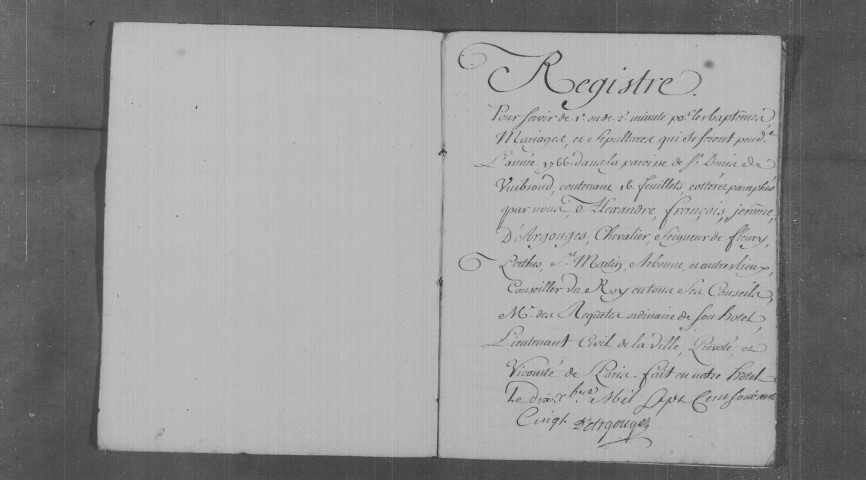 WISSOUS. Paroisse Saint-Denis : Baptêmes, mariages, sépultures : registre paroissial (1766-1778). 