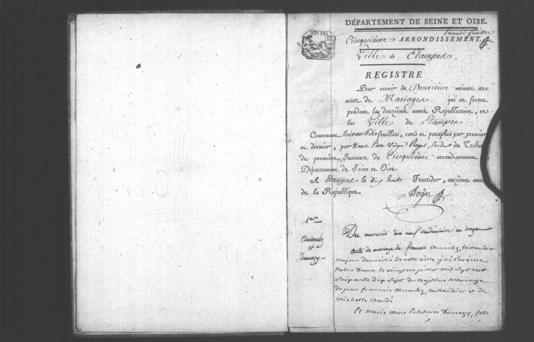 ETAMPES. Mariages : registre d'état civil (an XII). 