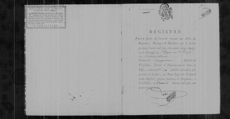 BALLAINVILLIERS. Paroisse Saint-Jacques et Saint-Philippe : Baptêmes, mariages, sépultures : registre paroissial (1770-1792). 