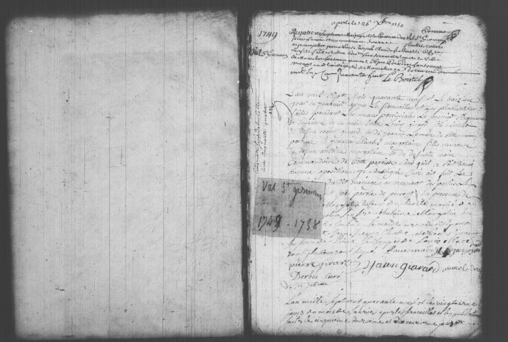 VAL-SAINT-GERMAIN (LE). Paroisse Saint-Germain : Baptêmes, mariages, sépultures : registre paroissial (1749-1758). 