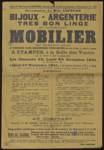 ETAMPES. - Vente aux enchères de mobilier dépendant de la succession de Melle LEFEVRE, 23 novembre, 27 novembre 1941. 