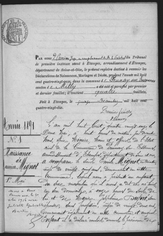 PRUNAY-SUR-ESSONNE.- Naissances, mariages, décès : registre d'état civil (1891-1905). 