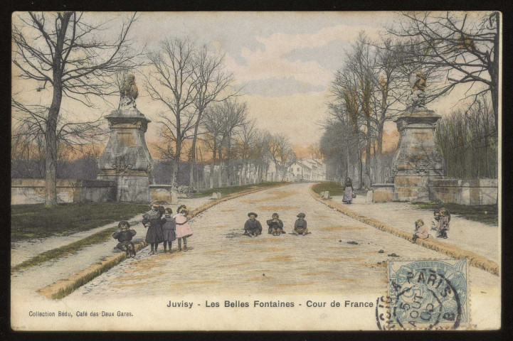 JUVISY-SUR-ORGE. - Les belles fontaines. Cour de France. Editeur Bréger, collection bédu, 1905, 1 timbre à 5 centimes, colorisée. 