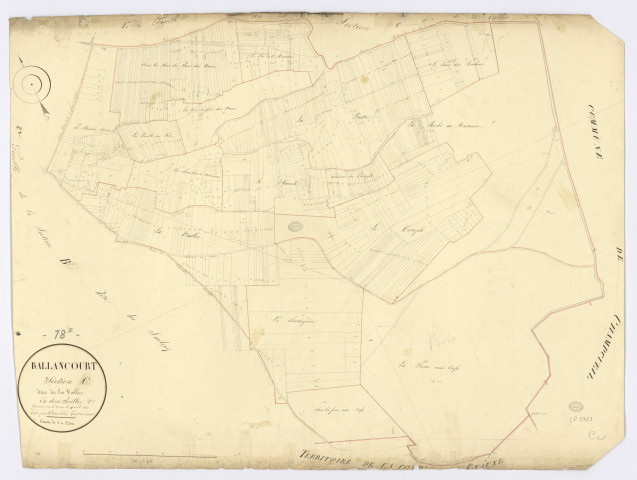 BALLANCOURT-SUR-ESSONNE. - Section C - Vallée (la), 2, ech. 1/2500, coul., aquarelle, papier, 71x92 (1823). 