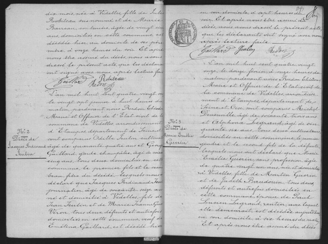 VIDELLES.- Naissances, mariages, décès : registre d'état civil (1891-1905). 