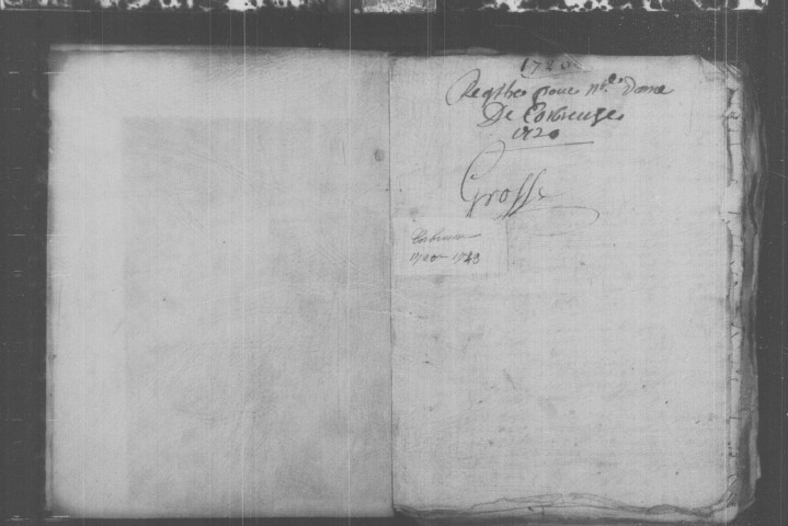 CORBREUSE. Paroisse Notre-Dame : Baptêmes, mariages, sépultures : registre paroissial (1720-1743). [Nota bene : 3 cahiers insérés (1723-1725)]. 