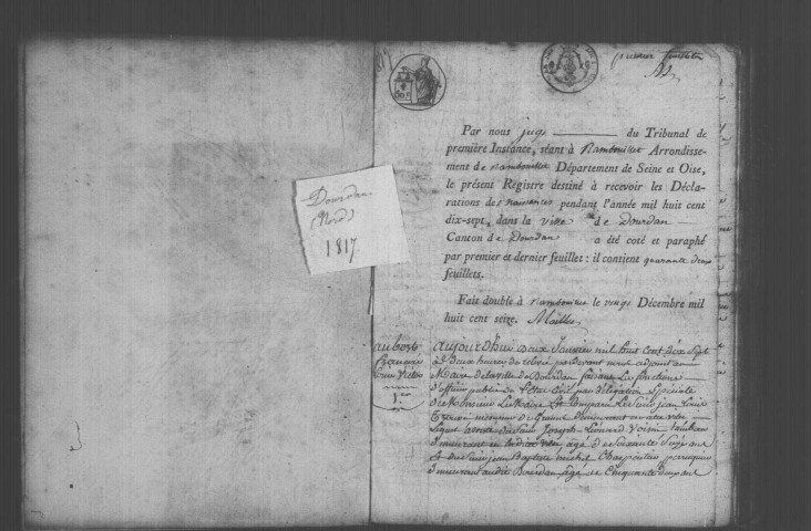 DOURDAN. Naissances, mariages, décès : registre d'état civil (1817). 