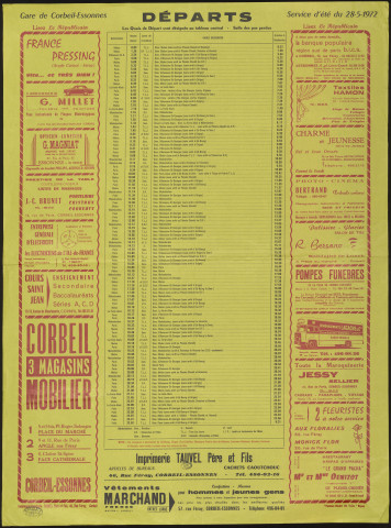 Le Républicain [quotidien régional d'information]. - Départs des trains de la gare de Corbeil-Essonnes, à partir du 28 mai 1972 [service d'été] (1972). 