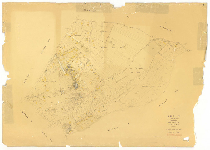 Plans minutes de conservation : BREUX-JOUY : tableau d'assemblage, ech. 1/10000 (1932), sections A1, ech. 1/2500, sections A2, B1, B2, B3, ech. 1/1250, sections C, ech. 1/2500 (1932) ; section A2, ech. 1/1250 (1968), NB, papier, 105x80 [8 plans]. 