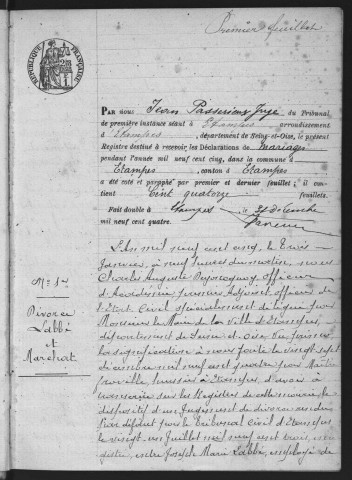 ETAMPES.- Mariages : registre d'état civil (1905). 