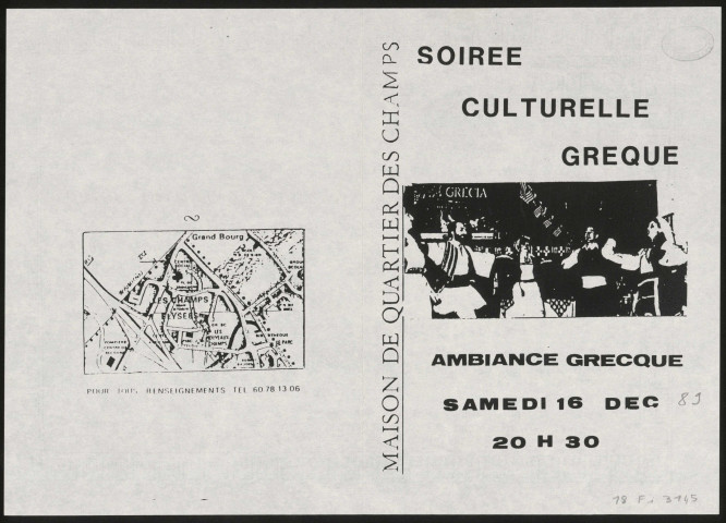 EVRY. - Soirée culturelle grecque, Maison de quartier des champs, 16 décembre 1989. 