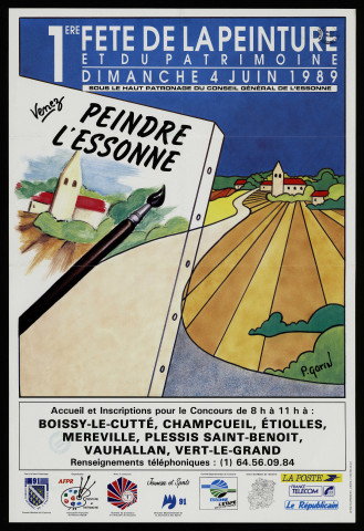 BOISSY-LE-CUTTE, CHAMPCUEIL, ETIOLLES, MEREVILLE, PLESSIS-SAINT-BENOIST (le), VAUHALLAN, VERT-LE-GRAND.- 1ère fête de la peinture et du patrimoine. Venez peindre l'Essonne, 4 juin 1989. 
