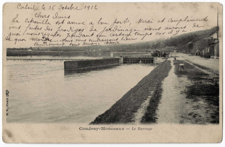 COUDRAY-MONTCEAUX (LE). - Le barrage et l'écluse, BF, 1912, 5 lignes, 10 c, ad. 