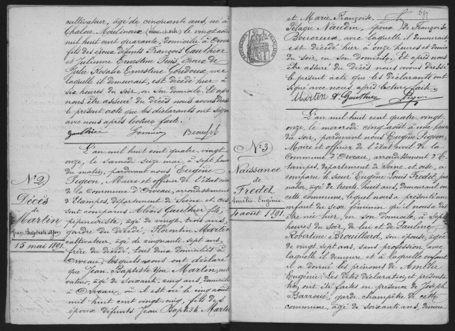 ORVEAU.- Naissances, mariages, décès : registre d'état civil (1891-1905). 