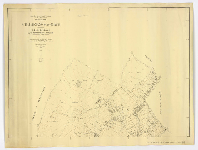 Plan topographe régulier de VILLIERS-SUR-ORGE complété à l'aide du plan cadastral dressé et dessiné par M. OBITZ, géomètre, vérifié par le Service du Cadastre, feuille 1, 1951. Ech. 1/2.000. N et B. Dim. 0,73 x 0,97. 