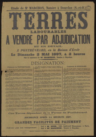 PONTHEVRARD, SONCHAMP (Yvelines).- Vente par adjudication et en détail de terres labourables dépendant de la ""Ferme de Ponthévrard"", 2 mai 1897. 