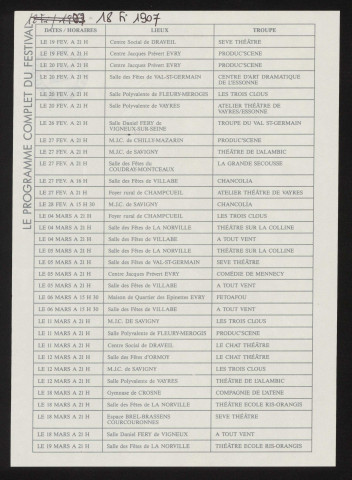 Essonne [Département]. - Festival de théâtre en Essonne. Seize troupes amateurs s'affichent : programme culturel, [19 février-19 mars 1991]. 