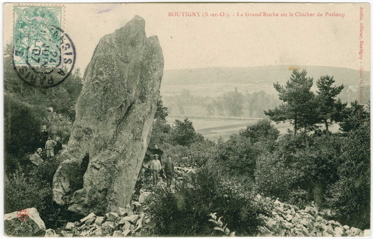BOUTIGNY-SUR-ESSONNE. - La Grand'Roche et le clocher de Pasloup, Jeulin, 1907, 5 mots, 5 c, ad., cote négatif 2B80/5. 