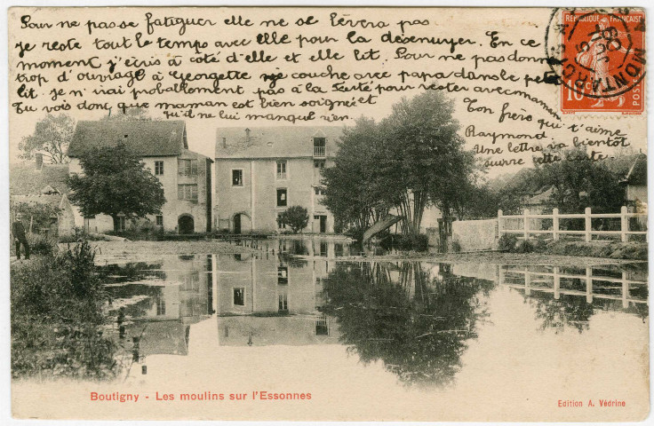BOUTIGNY-SUR-ESSONNE. - Les moulins sur l'Essonne, Védrine, 1909, 26 lignes, 10 c, ad. 