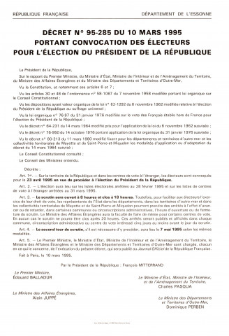 Essonne [préfecture]. - Décret n°95-285 du 10 mars 1995 portant convocation des électeurs pour l'élection du président de la République.