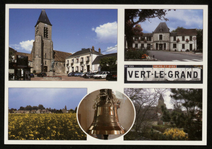 VERT-LE-GRAND. - Divers aspects du village (église et la place de l'église avec la mairie et le monument aux morts, l'auberge du pavillon et la cloche de l'église) . Edition Raymon, coouleur. 