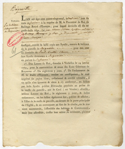 ETAMPES (Bailliage royal d'Etampes).- Etats généraux de 1789.