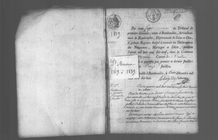 SAINT-MAURICE-MONTCOURONNE. Naissances, mariages, décès : registre d'état civil (1819-1839). 