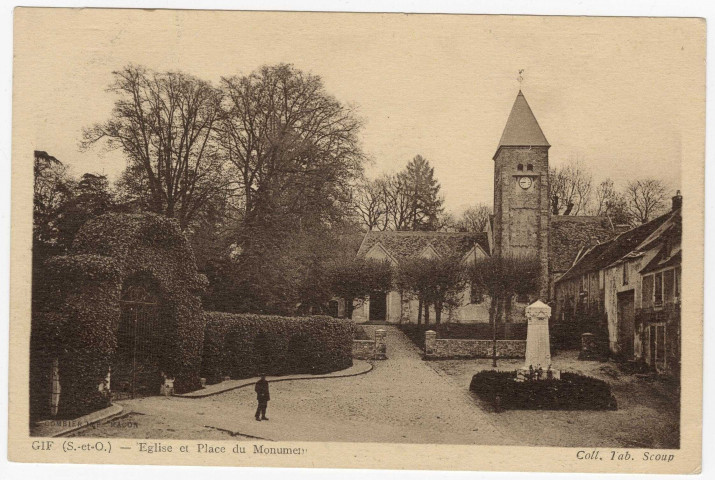 GIF-SUR-YVETTE. - L'église et place du monument. Scoup (1937), 15 lignes, sépia. 