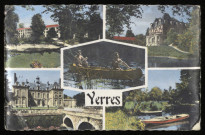 YERRES. - La nouvelle mairie, le préventorium, l'Yerres, le château de la Grange, canotage sur l'Yerres. Editions d'art Raymon, 1962, 1 timbre à 20 centimes, couleur. 