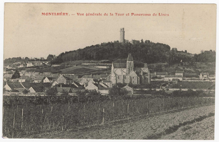 LINAS. - Vue générale de la tour et panorama de Linas (1907), 2 mots, 5 c, ad. 