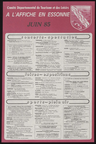 EVRY.- A l'affiche en Essonne : programme culturel, Comité départemental du tourisme et des loisirs, juin 1985. 