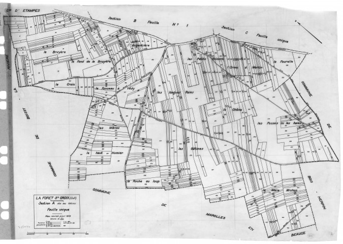 FORET-SAINTE-CROIX (la).- Cadastre révisé pour 1933 : plan du tableau d'assemblage, plans de la section A les Gâtines, section B le Village 1ère feuille, idem 2ème feuille, section C les Trembleaux, [5 plans]. 