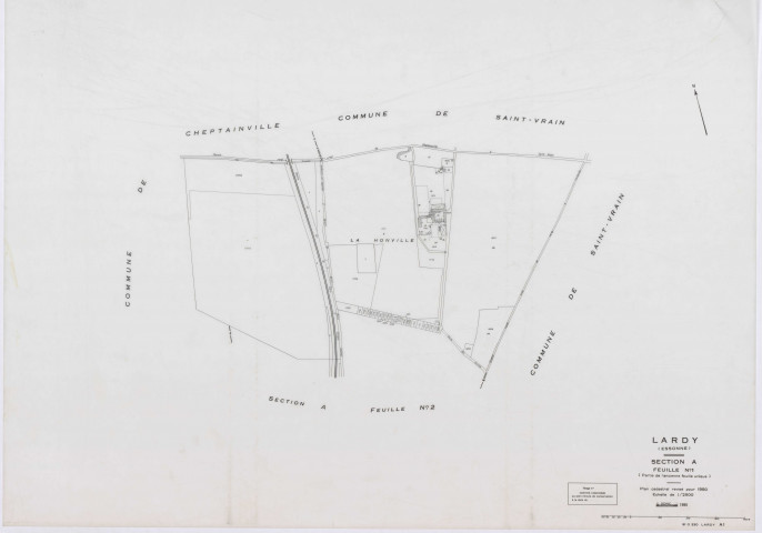 LARDY, plans minutes de conservation : tableau d'assemblage, 1950, Ech. 1/10000 ; plans des sections A1, B, 1950, Ech. 1/2500, sections A2, A3, A4, C1, C2, D, E, F2, G, H1, H2, 1950, Ech. 1/1250, section ZA, 1989, Ech. 1/2000. Polyester. N et B. Dim. 105 x 80 cm [15 plans]. 