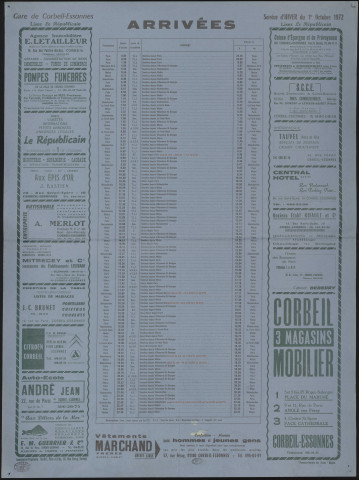 Le Républicain [quotidien régional d'information]. - Arrivées des trains en gare de Corbeil-Essonnes, à partir du 1er octobre 1972 [service d'hiver] (1972). 