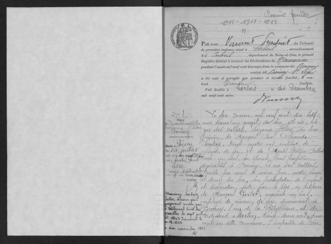 BRUNOY.- Naissances : registre d'état civil (1917-1919). 
