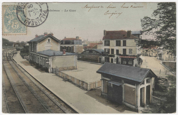 PALAISEAU. - La gare [Editeur Bourdier, 1908, timbre à 5 centimes, coloriée]. 