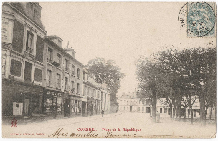 CORBEIL-ESSONNES. - Place de la République, Bonvalot, 1904, 3 mots, 5 c, ad. 