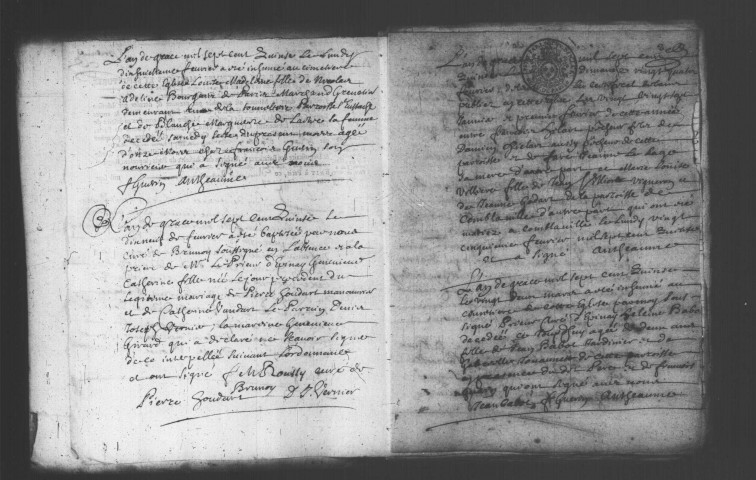 EPINAY-SOUS-SENART. Paroisse Sainte-Geneviève : Baptêmes, mariages, sépultures : registre paroissial (1670-1742). [Lacunes : B.M.S. (1672-1691, 1708, 1711, 1716-1736)]. 