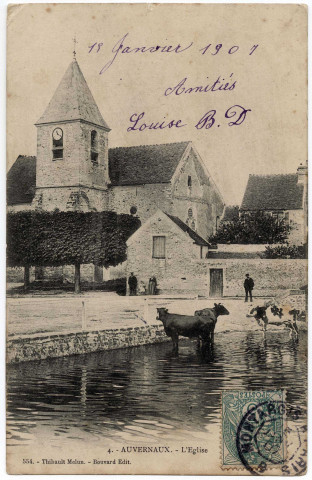 AUVERNAUX. - L'église, Bouvard, 1907, 3 mots, 5 c, ad. 