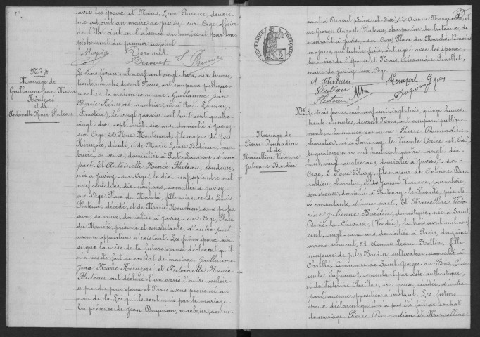 JUVISY-SUR-ORGE. - Mariages : registre d'état civil. 