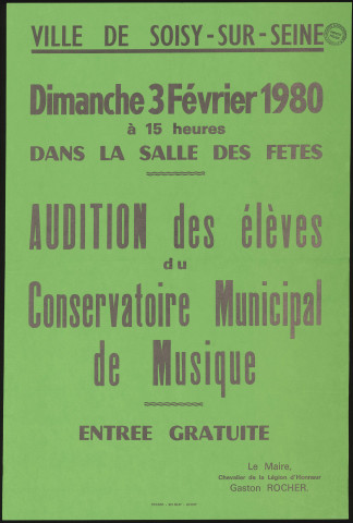 SOISY-SUR-SEINE.- Audition des élèves du Conservatoire municipal de musique, Salle des fêtes, 3 février 1980. 