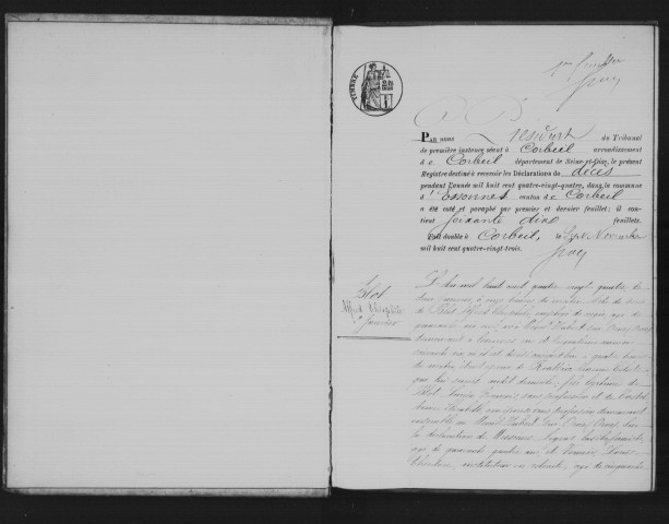 ESSONNES. Décès : registre d'état civil (1884). 
