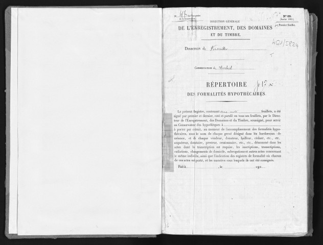 Conservation des hypothèques de CORBEIL. - Répertoire des formalités hypothécaires, volume n° 417 : A-Z (registre ouvert vers 1920). 
