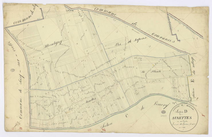 DANNEMOIS. - Section D - Aunettes (les), ech. 1/1250, coul., aquarelle, papier, 65x100 (1816). 