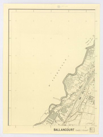 Plan topographique régulier de BALLANCOURT dressé et dessiné par J. LEROY, ingénieur, vérifié par le Service du Cadastre, feuille 1, 1954. Ech. 1/2.000. N et B. Dim. 0,74 x 0,55. 