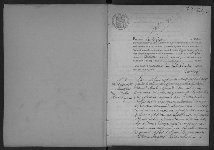 BREUX, SAINT-SAINT-YON.- Naissances, mariages, décès : registre d'état civil (1891-1906). 